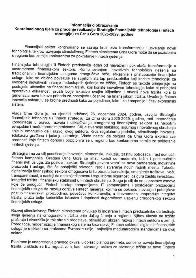 Informacija o obrazovanju Koordinacionog tijela za praćenje realizacije Strategije finansijskih tehnologija (Fintech strategije) za Crnu Goru 2025-2029. godine
