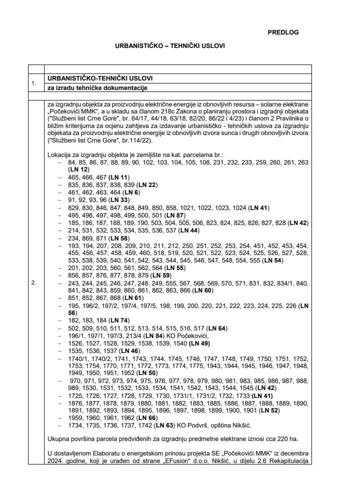 Predlog urbanističko-tehničkih uslova za izradu tehničke dokumentacije za izgradnju objekta za proizvodnju električne energije iz obnovljivih resursa - solarne elektrane „Počekovići MMK“