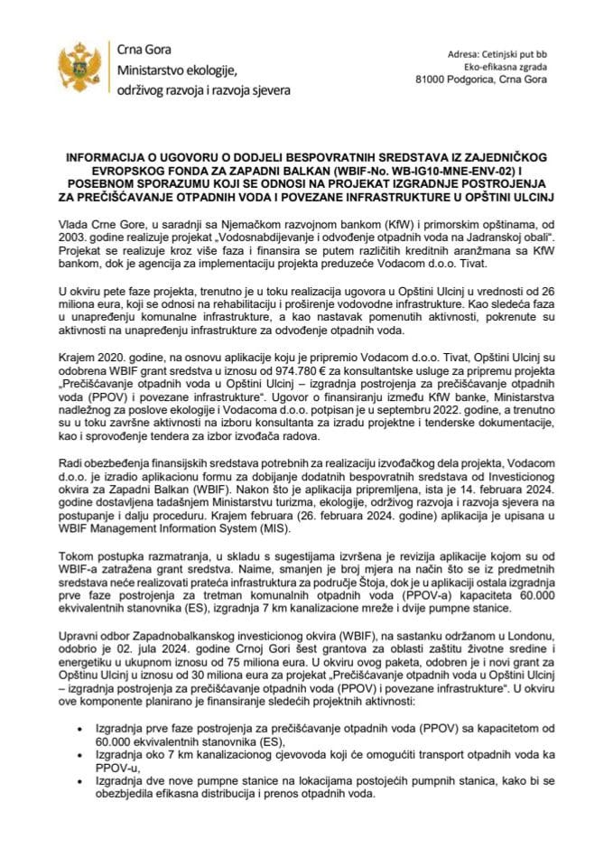 Informacija o Ugovoru o dodjeli bespovratnih sredstava iz zajedničkog Evropskog Fonda za Zapadni Balkan (WBIF-No. WB-IG10-MNE-ENV-02)-02)