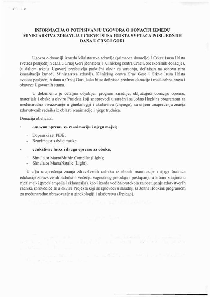 Informacija o potpisivanju Ugovoru o donaciji između Ministarstva zdravlja i Crkve Isusa Hrista svetaca posljednjih dana u Crnoj Gori s Predlogom ugovora