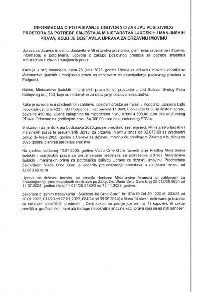 Informacija o potpisivanju ugovora o zakupu poslovnog prostora za potrebe smještaja Ministarstva ljudskih i manjinskih prava