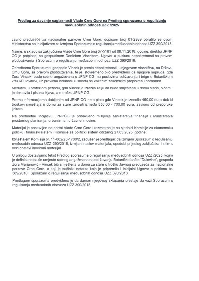 Predlog za davanje saglasnosti Vlade Crne Gore na Predlog sporazuma o regulisanju međusobnih odnosa UZZ/2025