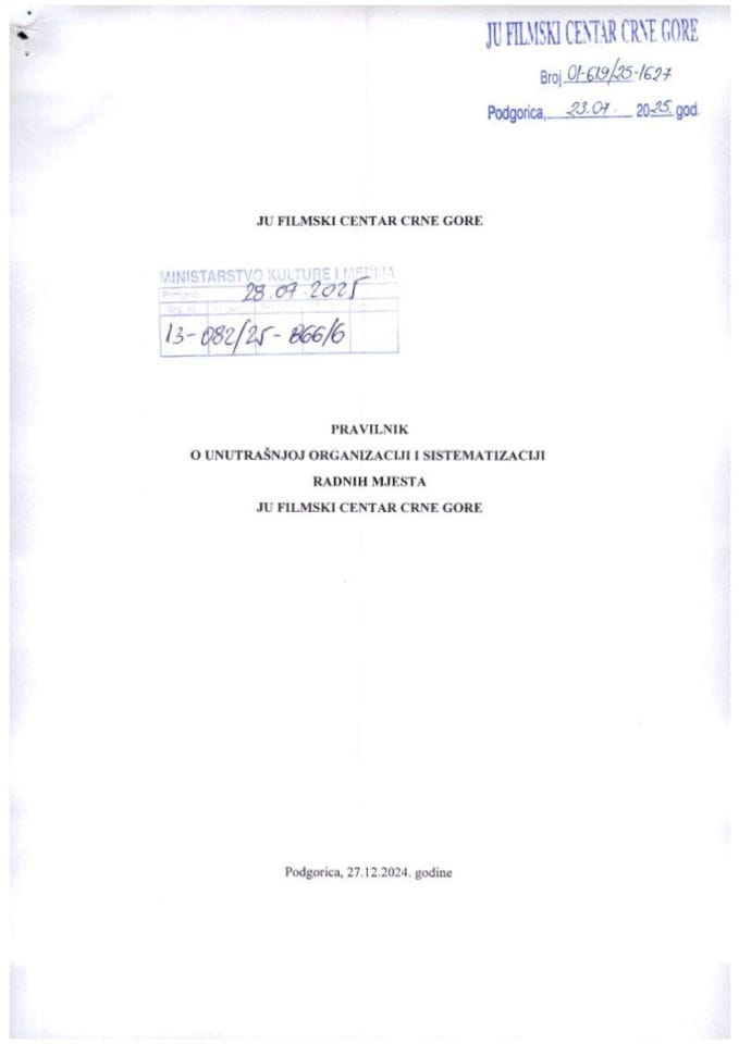 Predlog pravilnika o unutrašnjoj organizaciji i sistematizaciji radnih mjesta Javne ustanove Filmski centar Crne Gore