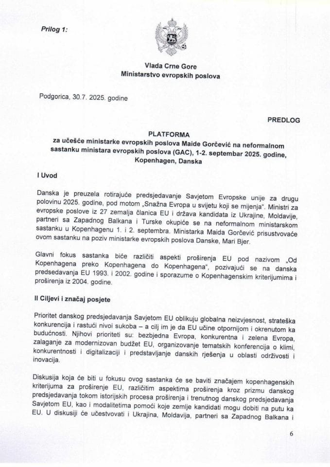 Predlog platforme za učešće ministarke evropskih poslova Maide Gorčević na neformalnom sastanku ministara evropskih poslova (GAC), 1-2. septembar 2025. godine, Kopenhagen, Danska