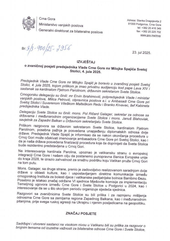 Izvještaj o zvaničnoj posjeti predsjednika Vlade Crne Gore mr Milojka Spajića Svetoj Stolici, 4. jula 2025. godine