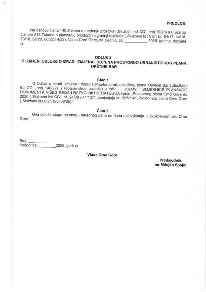 Predlog odluke o izmjeni Odluke o izradi Izmjena i dopuna Prostorno- urbanističkog plana Opštine Bar