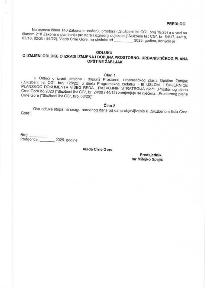 Predlog odluke o izmjeni Odluke o izradi Izmjena i dopuna Prostorno- urbanističkog plana Opštine Žabljak
