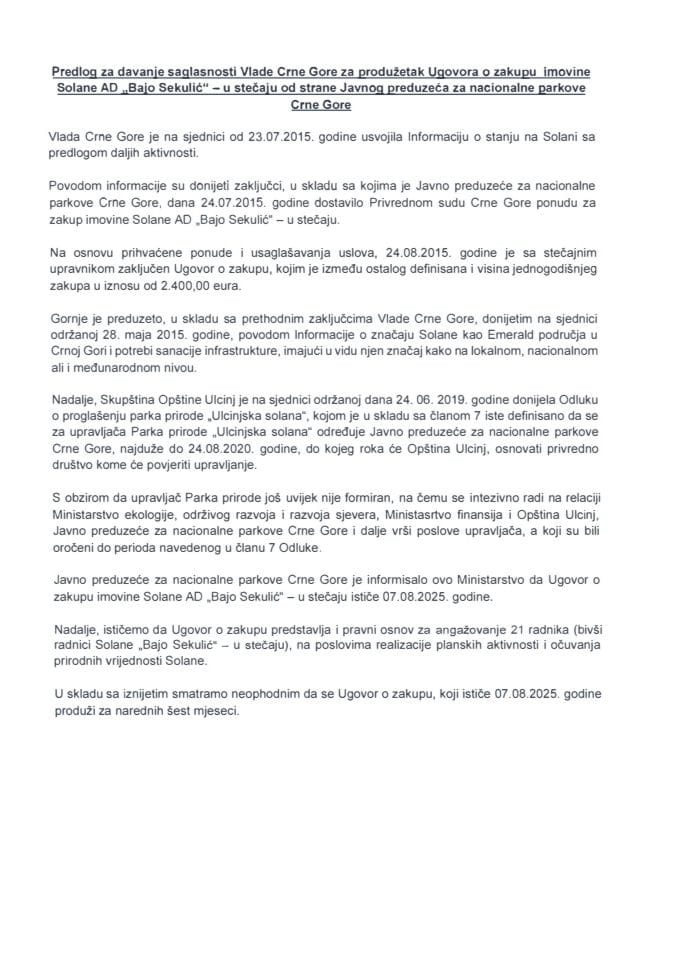 Predlog za davanje saglasnosti Vlade Crne Gore za produžetak ugovora o zakupu imovine Solane AD “Bajo Sekulić''- u stečaju od strane Javnog preduzeća za nacionalne parkove Crne Gore