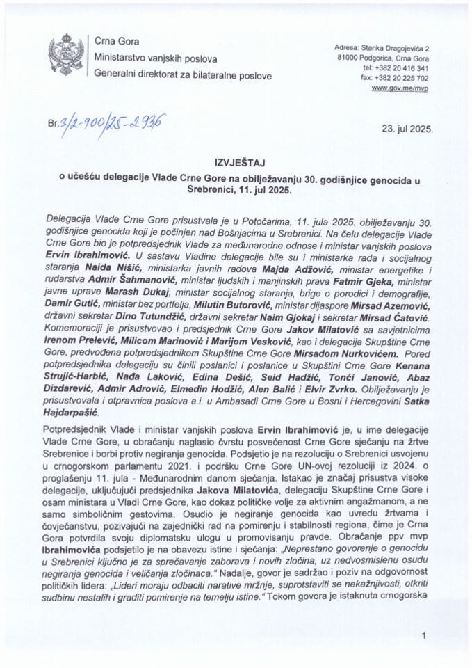 Izvještaj o učešću delegacije Vlade Crne Gore na obilježavanju 30. godišnjice genocida u Srebrenici, 11. jul 2025. godine