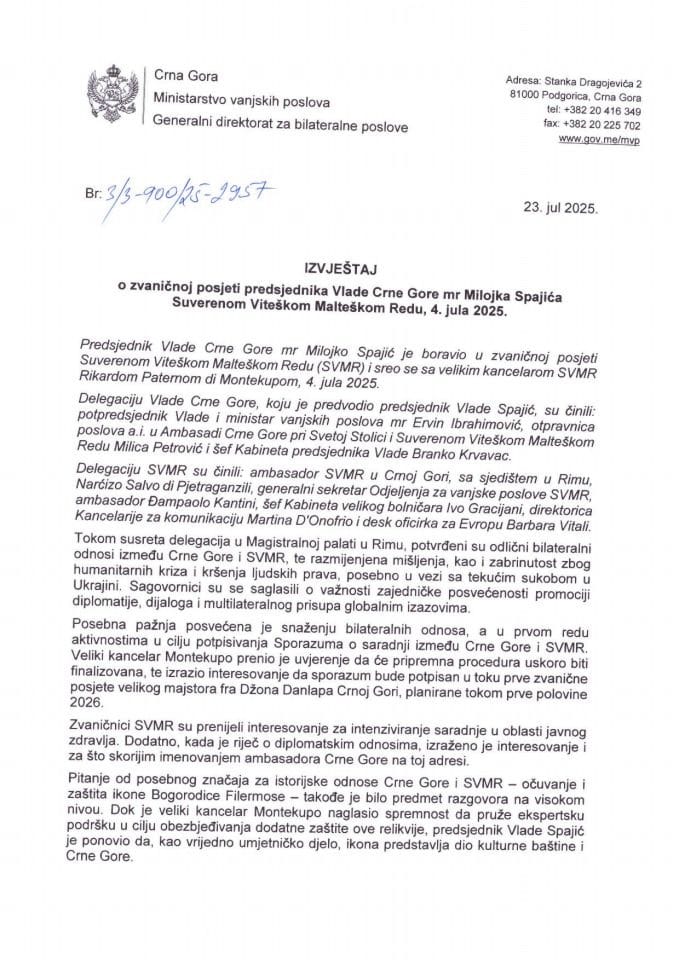 Izvještaj o zvaničnoj posjeti predsjednika Vlade Crne Gore mr Milojka Spajića Suverenom Viteškom Malteškom Redu, 4. jula 2025. godine