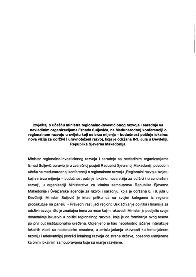 Izvještaj o učešću ministra regionalno-investicionog razvoja i saradnje sa nevladinim organizacijama Ernada Suljevića na Međunarodnoj koferenciji o regionalnom razvoju u svijetu koji se brzo mijenja – budućnost počinje lokalno