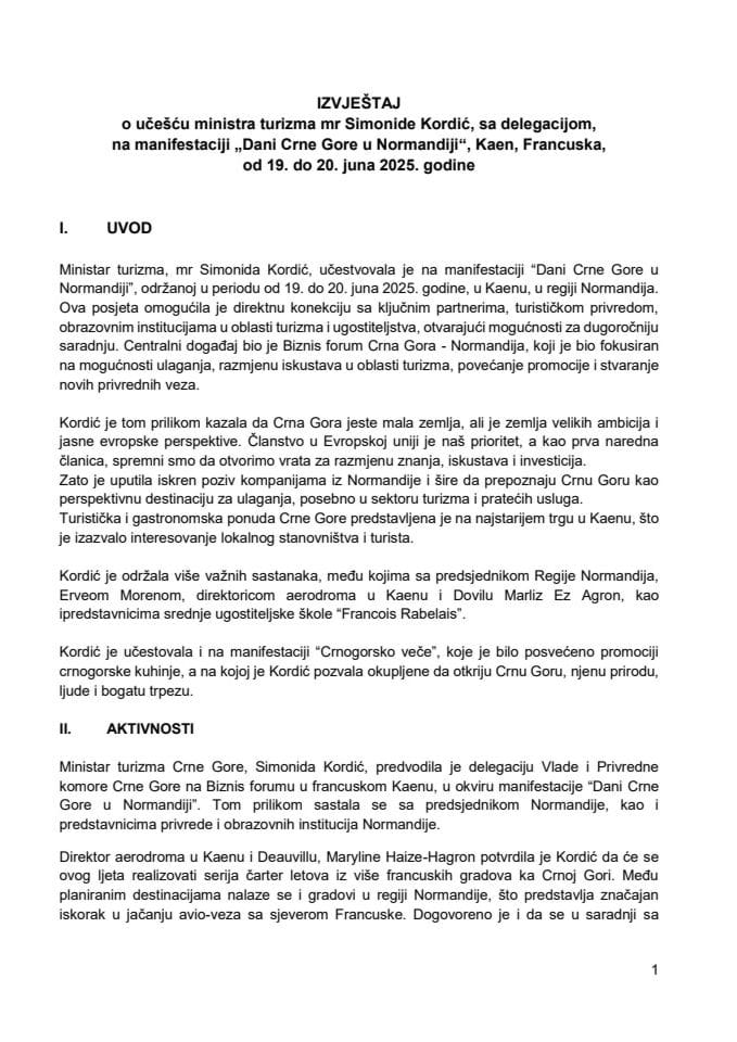 Izvještaj o učešću ministarke turizma, mr Simonide Kordić sa delegacijom, na manifestaciji „Dani Crne Gore u Normandiji“, Kaen, Francuska, od 19. do 20. juna 2025. godine