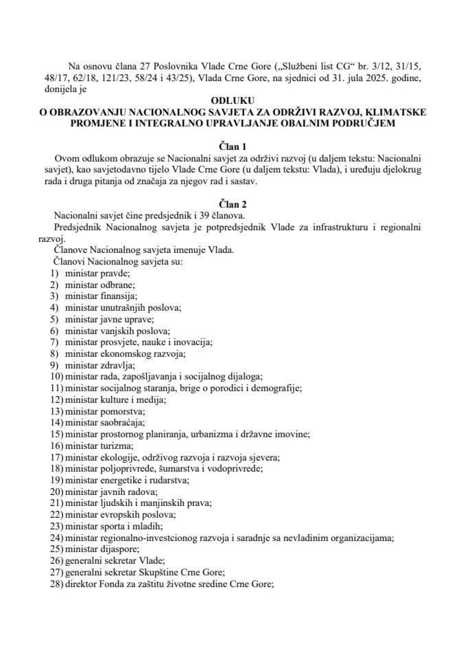 Predlog odluke o obrazovanju Nacionalnog savjeta za održivi razvoj, klimatske promjene i integralno upravljanje obalnim područjem