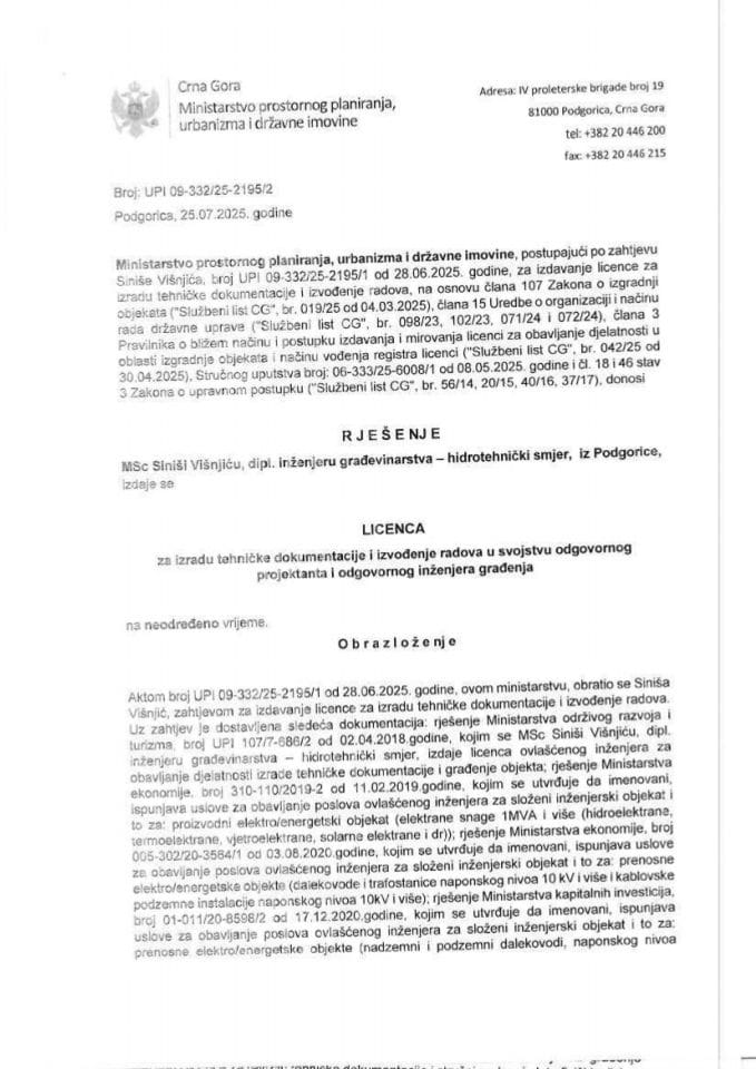 Licenca ovlašćenog inženjera za građevinsku djelatnost - UPI 09-332-25-2195-2 SINIŠA VIŠNJIĆ