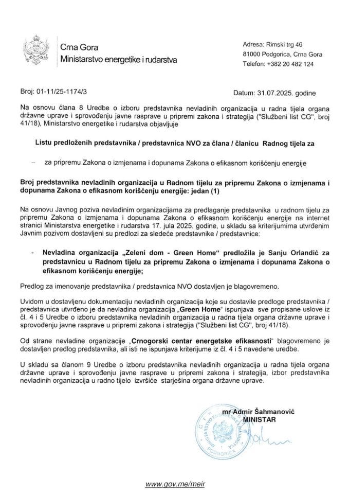 Lista predloženih predstavnika NVO za člana Radnog tijela za pripremu Zakona o izmjenama i dopunama Zakona o efikasnom korišćenju energije