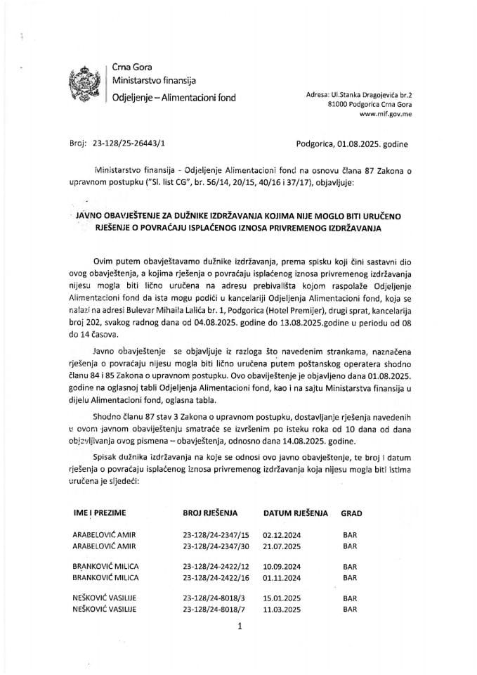 Јавно обавјештење за дужнике издржавања