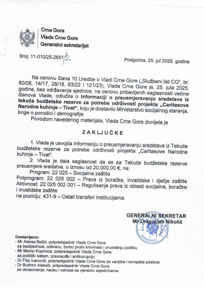 Informacija o preusmjeravanju sredstava iz Tekuće budžetske rezerve za potrebe održivosti projekta „Caritasove Narodne kuhinje - Tivat“ - Zaključci