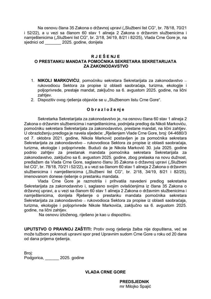 Predlog za prestanak mandata pomoćniku sekretara Sekretarijata za zakonodavstvo