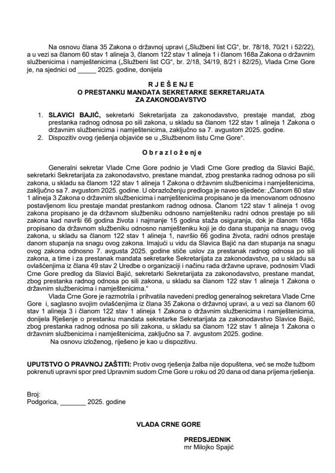 Predlog za prestanak mandata sekretarke Sekretarijata za zakonodavstvo