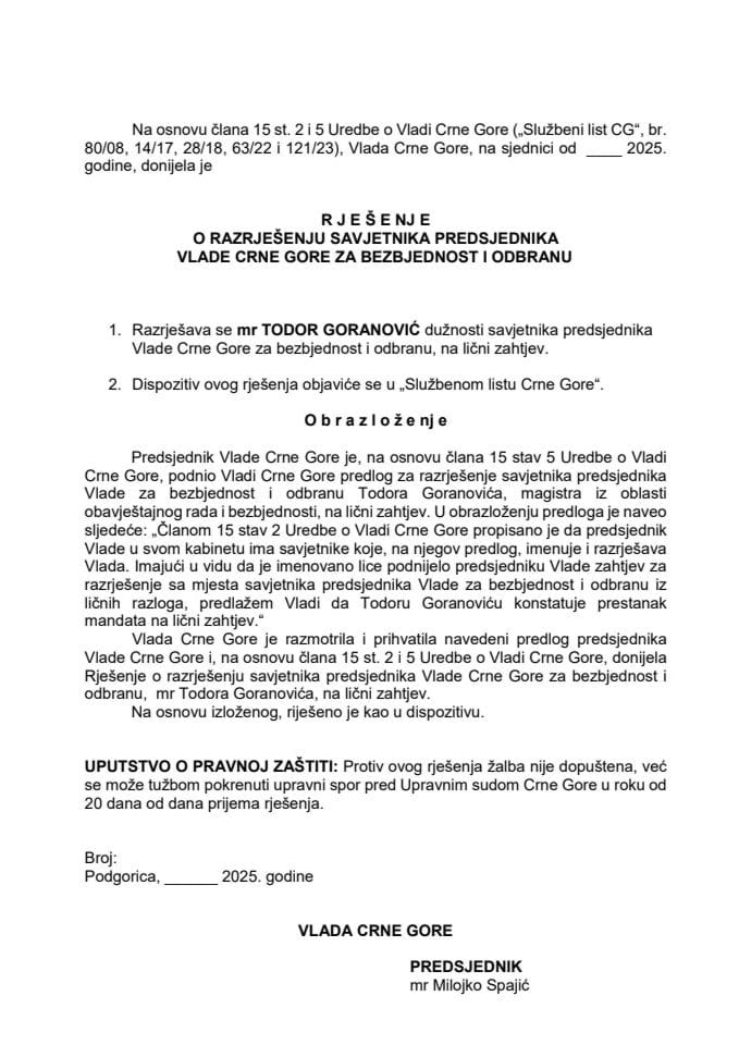 Predlog za razrješenje savjetnika predsjednika Vlade za bezbjednost i odbranu