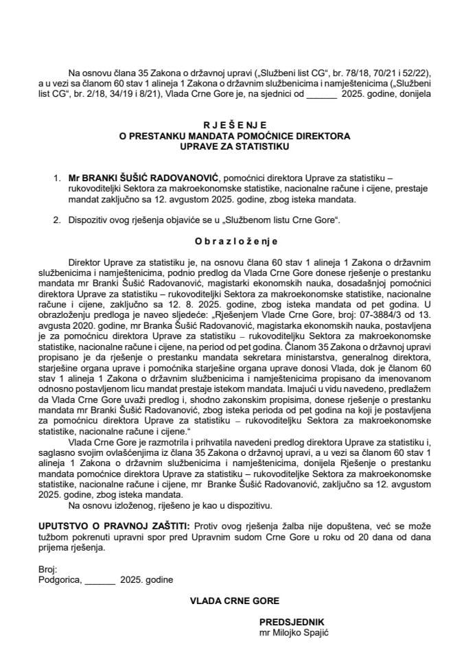 Predlog za prestanak mandata pomoćnice direktora Uprave za statistiku