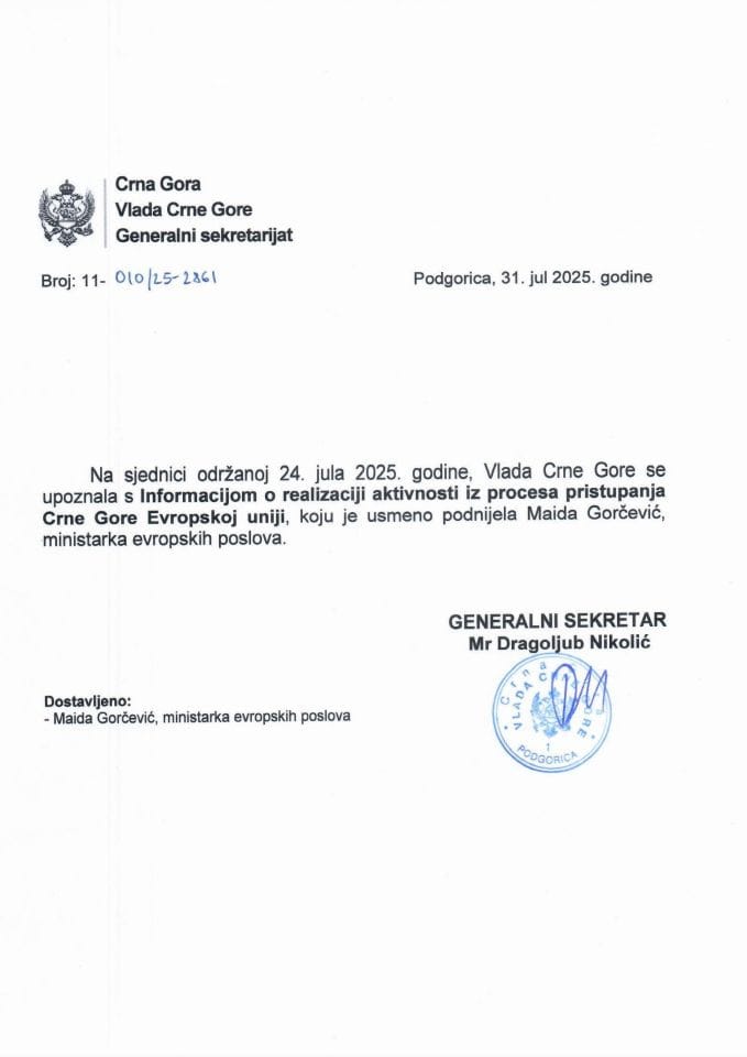 Усмена информација о реализацији активности из процеса приступања Црне Горе Европској унији - Закључци