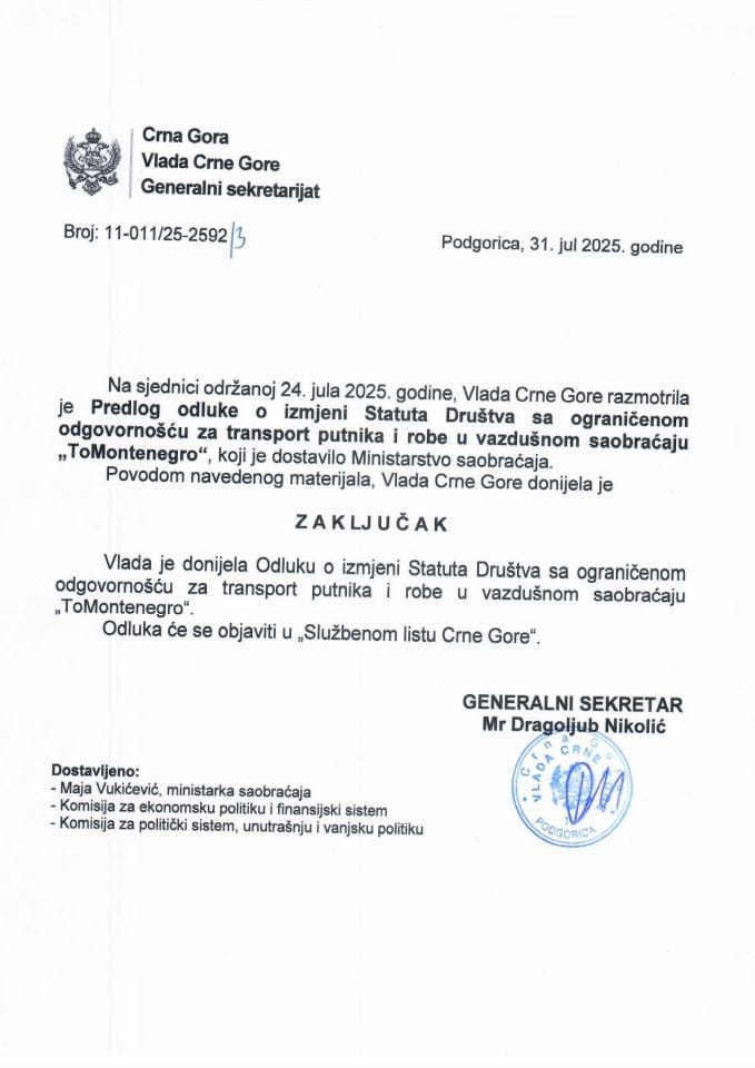 Предлог одлуке о измјени Статута Друштва са ограниченом одговорношћу за транспорт путника и робе у ваздушном саобраћају „ToMontenegro“ - Закључци