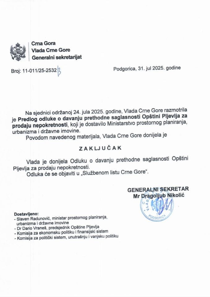 Предлог одлуке о давању претходне сагласности Општини Пљевља за продају непокретности - Закључци