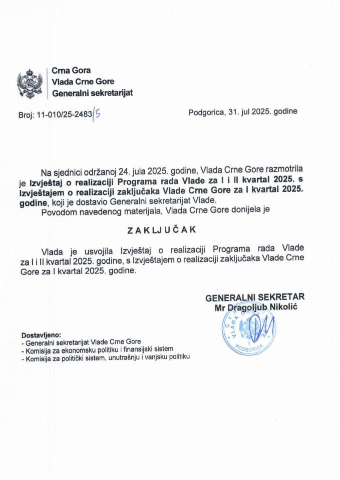 Izvještaj o realizaciji Programa rada Vlade za I i II  kvartal 2025. s Izvještajem o realizaciji zaključaka Vlade Crne Gore za I  kvartal 2025. godine - Zaključci