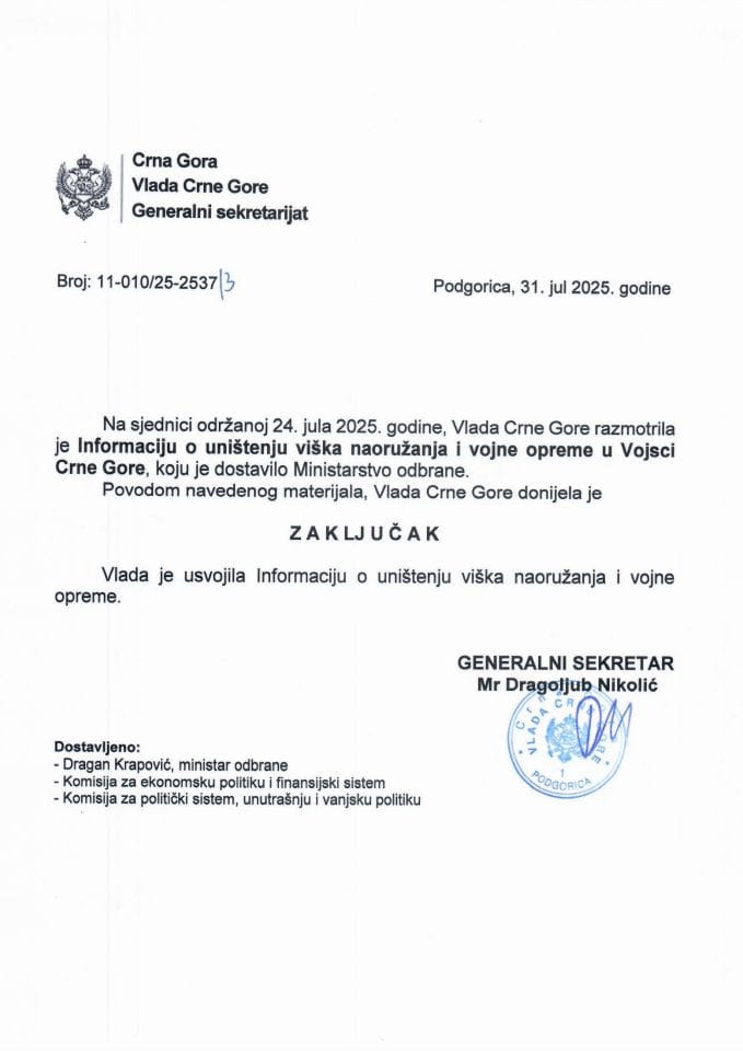 Информација о уништењу вишка наоружања и војне опреме у Војсци Црне Горе - Закључци