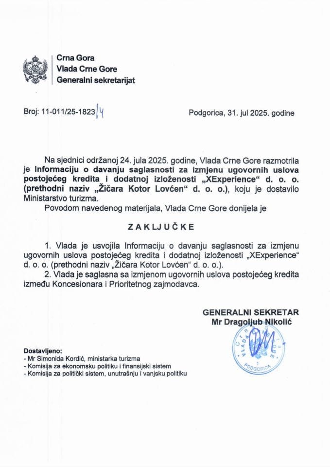 Информација о давању сагласности за измјену уговорних услова постојећег кредита и додатној изложености „XExperience“ д.о.о. (претходни назив „Жичара Котор Ловћен“ д.о.о.) - Закључци