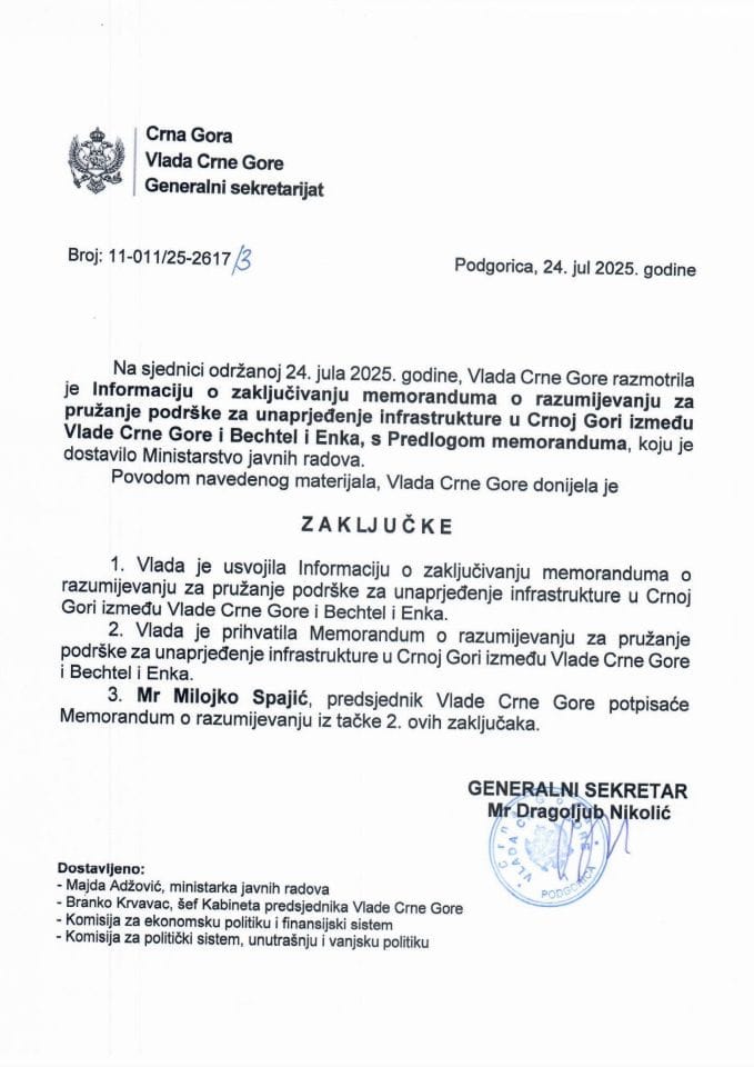 Информација о закључивању меморандума о разумијевању за пружање подршке за унапрјеђење инфраструктуре у Црној Гори између Владе Црне Горе и Bechtel и Enka с Предлогом меморандума - Закључци