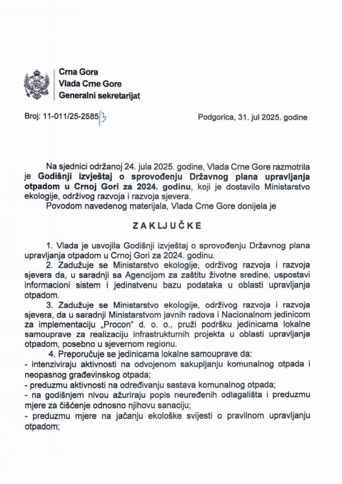 Годишњи извјештај о спровођењу Државног плана управљања отпадом у Црној Гори за 2024. годину - Закључци