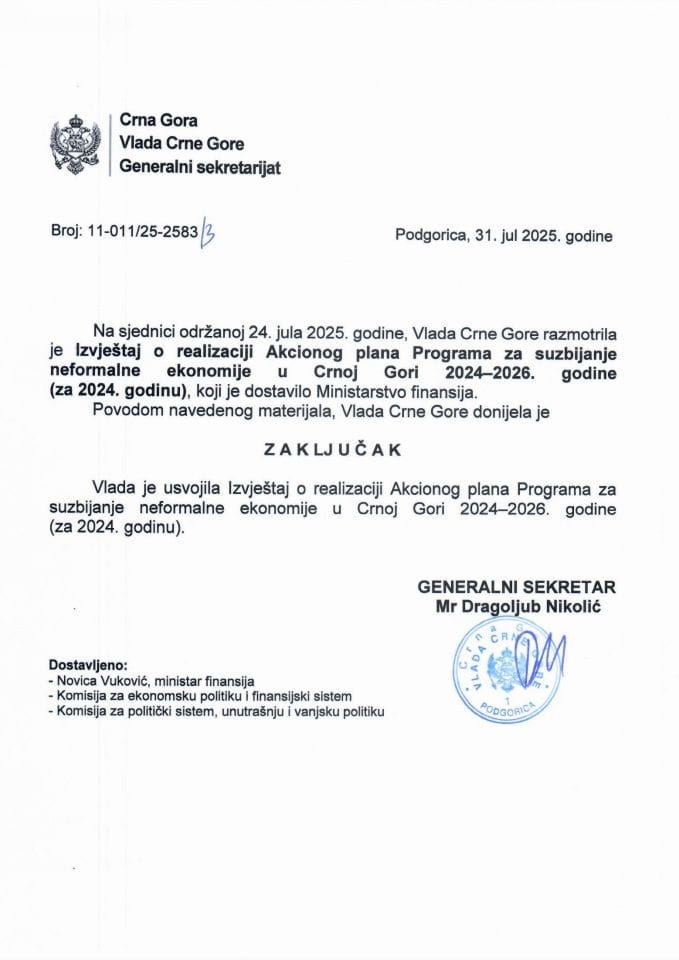 Извјештај о реализацији Акционог плана Програма за сузбијање неформалне економије у Црној Гори 2024 - 2026. године (за 2024. годину) - Закључци