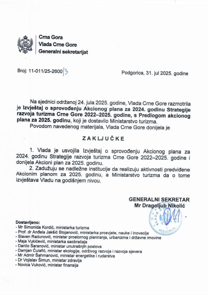Izvještaj o sprovođenju Akcionog plana za 2024. godinu Strategije razvoja turizma Crne Gore 2022 – 2025. godine s Predlogom akcionog plana za 2025. godinu - Zaključci