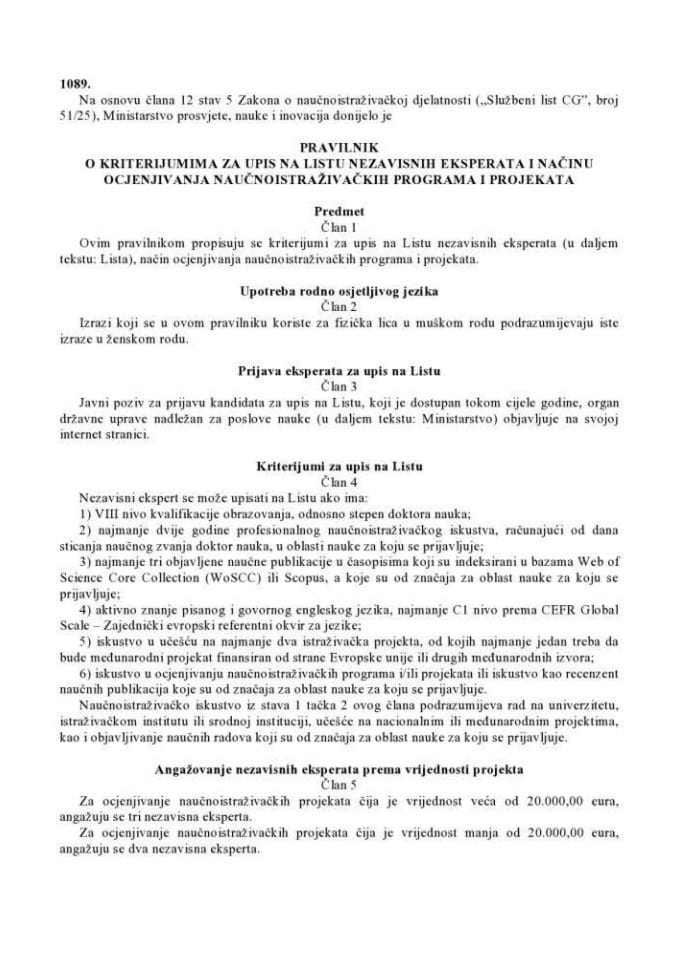 Pravilnik o kriterijumima za upis na Listu nezavisnih eksperata i načinu ocjenjivanja naučnoistraživačkih programa i projekata