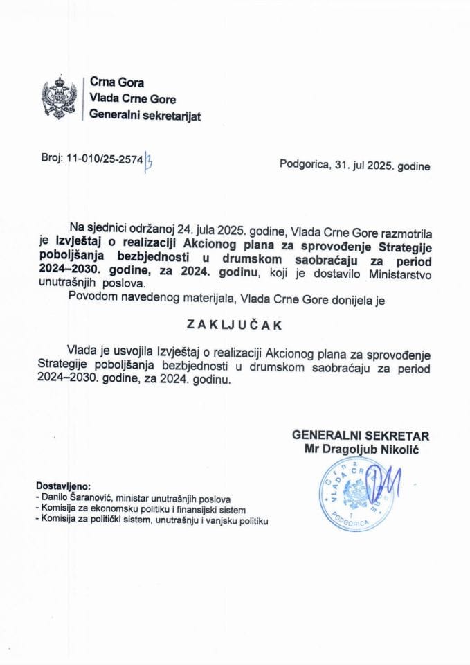 Извјештај о реализацији Акционог плана за спровођење Стратегије побољшања безбједности у друмском саобраћају за период 2024-2030. године, за 2024. годину - Закључци