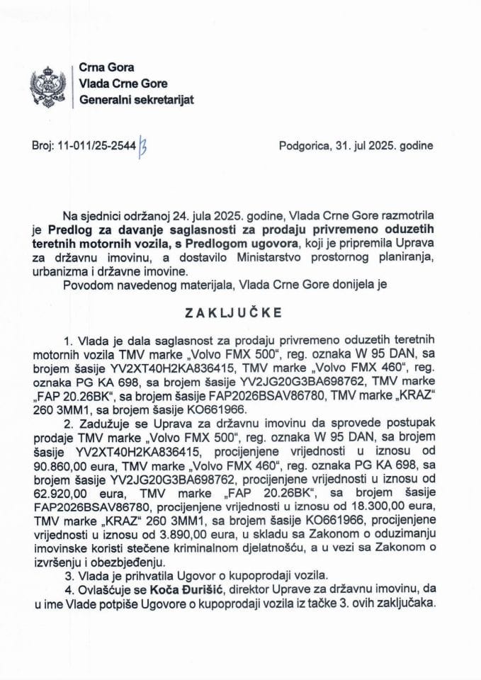 Предлог за давање сагласности за продају привремено одузетих теретних моторних возила с Предлогом уговора - Закључци