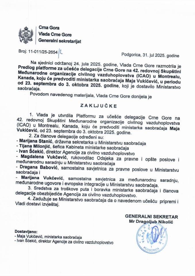 Предлог платформе за учешће делегације Црне Горе на 42. редовној Скупштини Међународне организације цивилног ваздухопловства (ICAO) у Монтреалу, Канада, коју ће предводити министарка саобраћаја Маја Вукићевић - Закључци