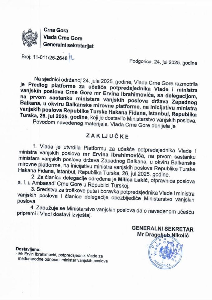 Предлог платформе за учешће потпредсједника Владе и министра вањских послова Црне Горе мр Ервина Ибрахимовића, са делегацијом, на првом састанку министара вањских послова држава Западног Балкана - Закључци