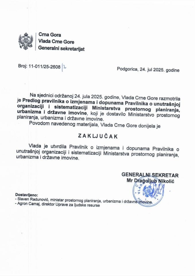 Predlog pravilnika o izmjenama i dopunama Pravilnika o unutrašnjoj organizaciji i sistematizaciji Ministarstva prostornog planiranja, urbanizma i državne imovine - Zaključci