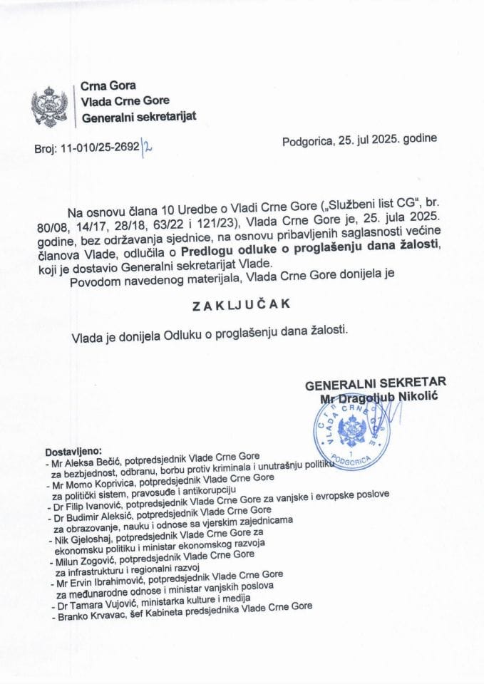 Predlog odluke o proglašenju dana žalosti - Zaključci