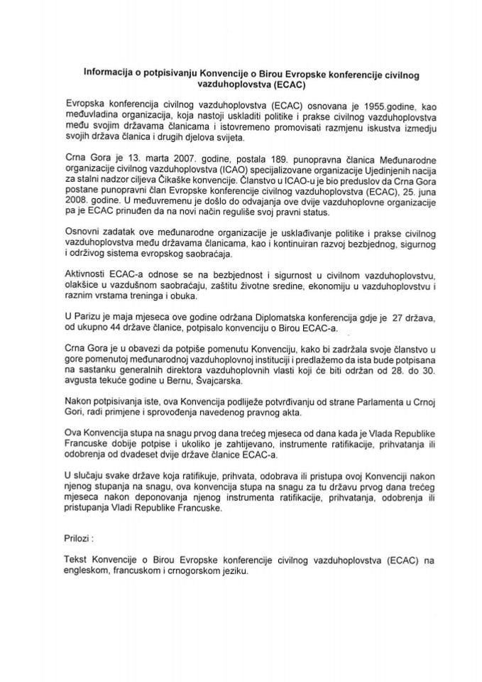 Informacija o potpisivanju Konvencije o Birou Evropske konferencije civilnog vazduhoplovstva (ECAC) s Predlogom konvencije