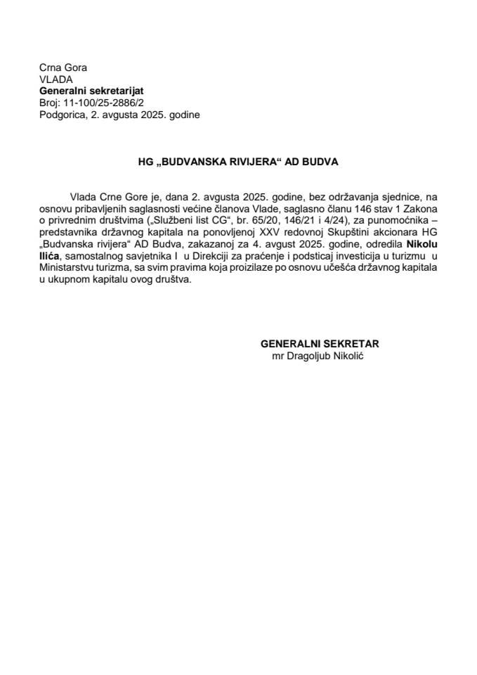 Predlog za određivanje punomoćnika - predstavnika državnog kapitala na ponovljenoj XXV redovnoj Skupštini akcionara HG „Budvanska rivijera“ AD Budva
