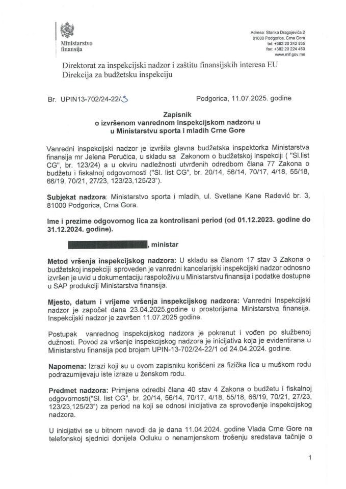 Zapisnik o izvršenom inspekcijskom nadzoru u Ministarstvu sporta i mladih