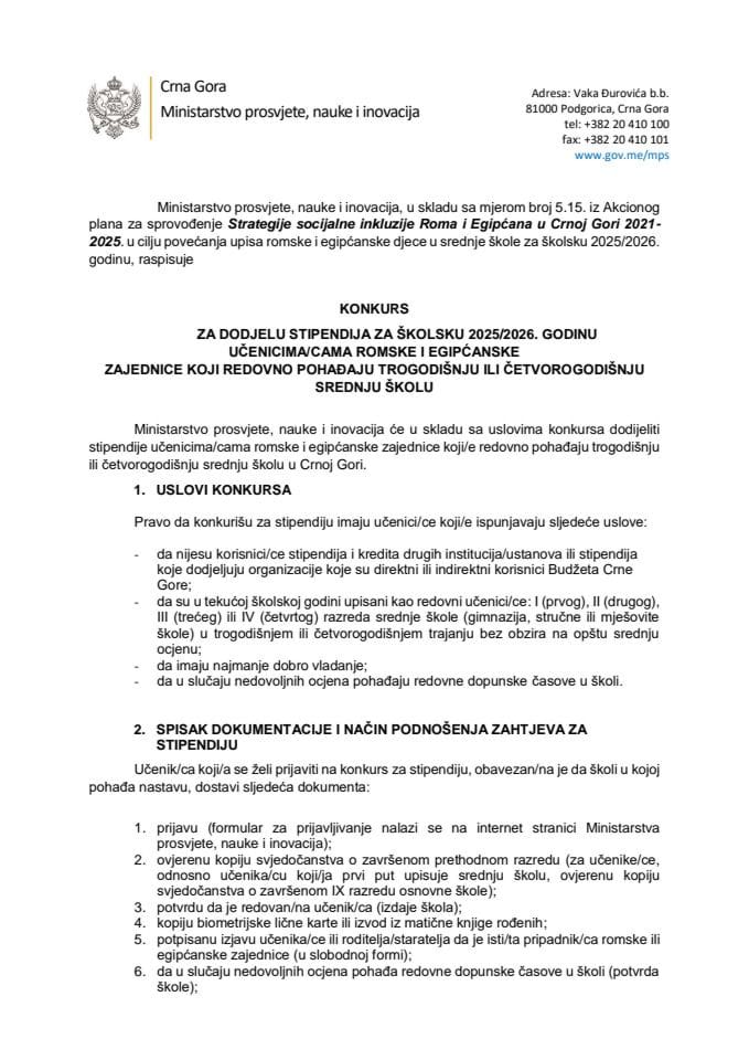 Konkurs za dodjelu stipendija za školsku 2025-2026. godinu učenicima romske i egipćanske zajednice koji redovno pohađaju trogodišnju ili četvorogodišnju srednju školu