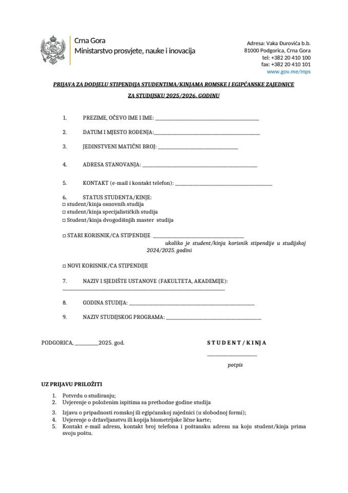 Prijavni formular - studenti