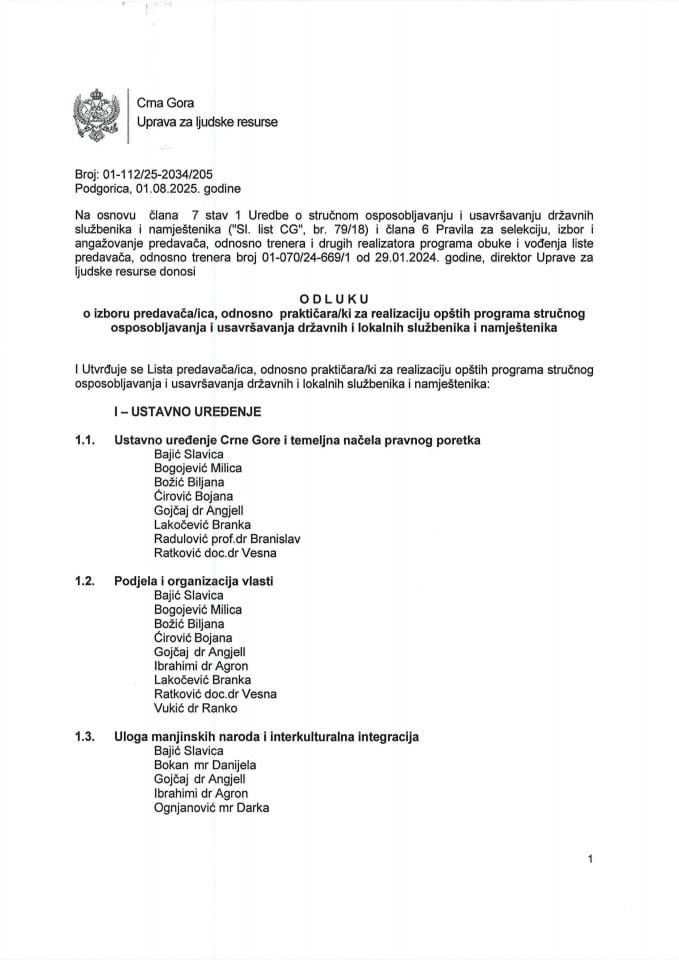 Odluka o izboru kandidata-kinja za predavače-ice i praktičare-ke za realizaciju opštih programa