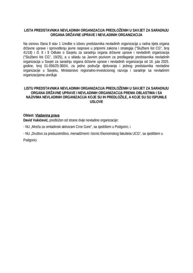 Lista predstavnika NVO predloženih u Savjet za saradnju organa državne uprave i NVO