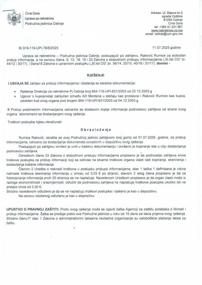 Rješenja o slobodnom pristupu informacijama - 07.08.2025.